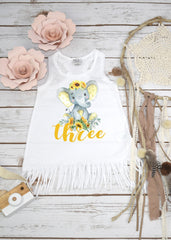 Watercolor elephant third birthday outfit with sunflowers and three in yellow polka dots for girls