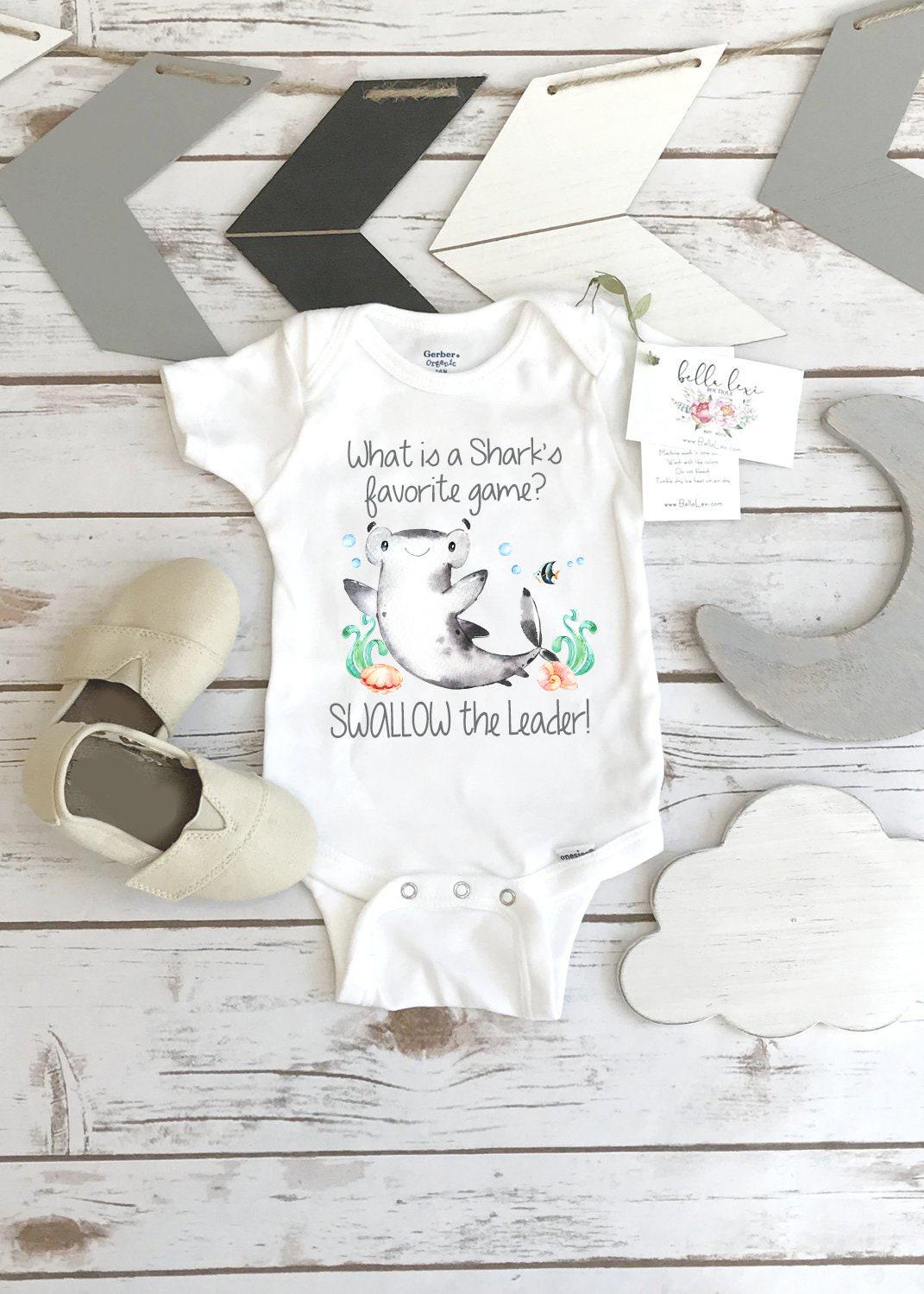 Shark Dad Joke Baby Bodysuit, 'Swallow the Leader' Funny Design