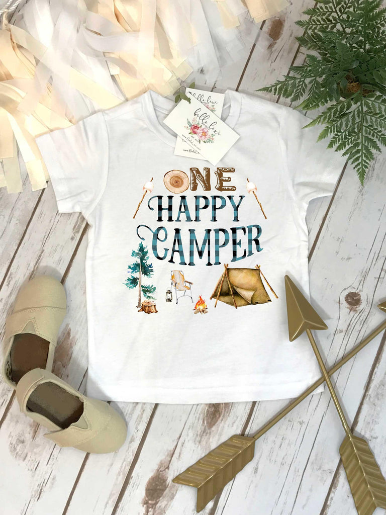 First Birthday Shirt, Camping Birthday, 1st Birthday, Buffalo Plaid Party, Lumberjack Party, ONE HAPPY CAMPER, Wild One Birthday, Camp Party