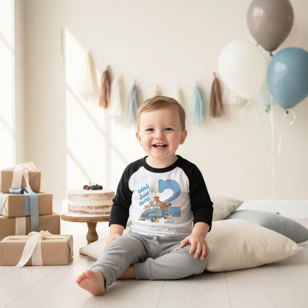Oink Baa Moo Farm Second Birthday Shirt, Blue Truck Party Outfit