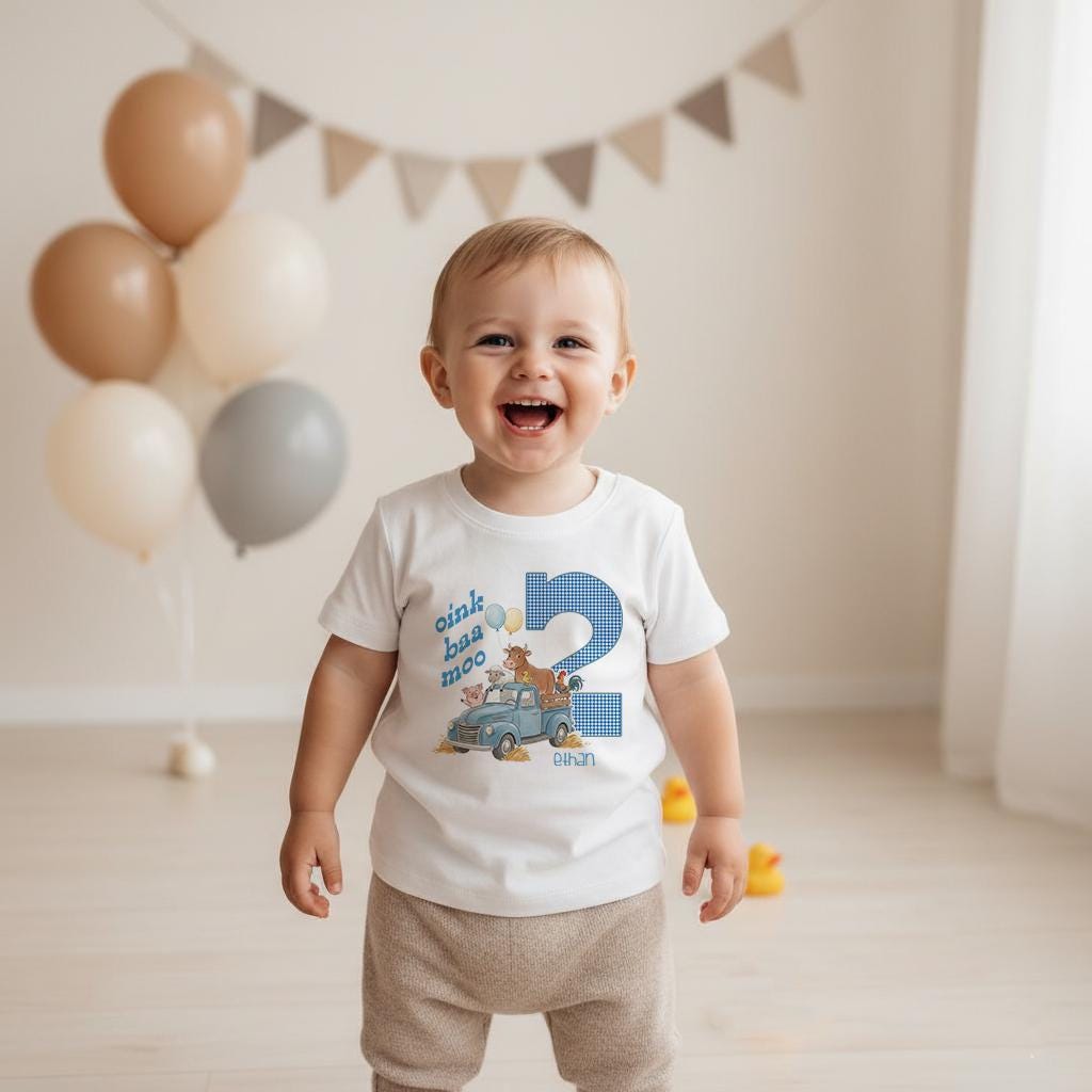Oink Baa Moo Farm Second Birthday Shirt, Blue Truck Party Outfit