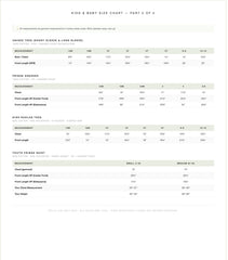 The image is a children's size chart, specifically part 2 of 2, featuring various sizes of children's clothing such as short sleeves, long sleeves, and fringe dresses.