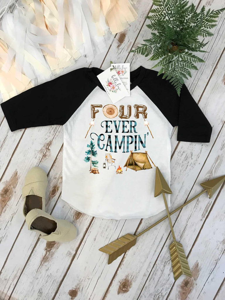 4th Birthday Shirt, Camping Birthday, Fourth Birthday, Camping Party, Tent Party, HAPPY CAMPER theme, Four ever Wild Birthday, Camp Party