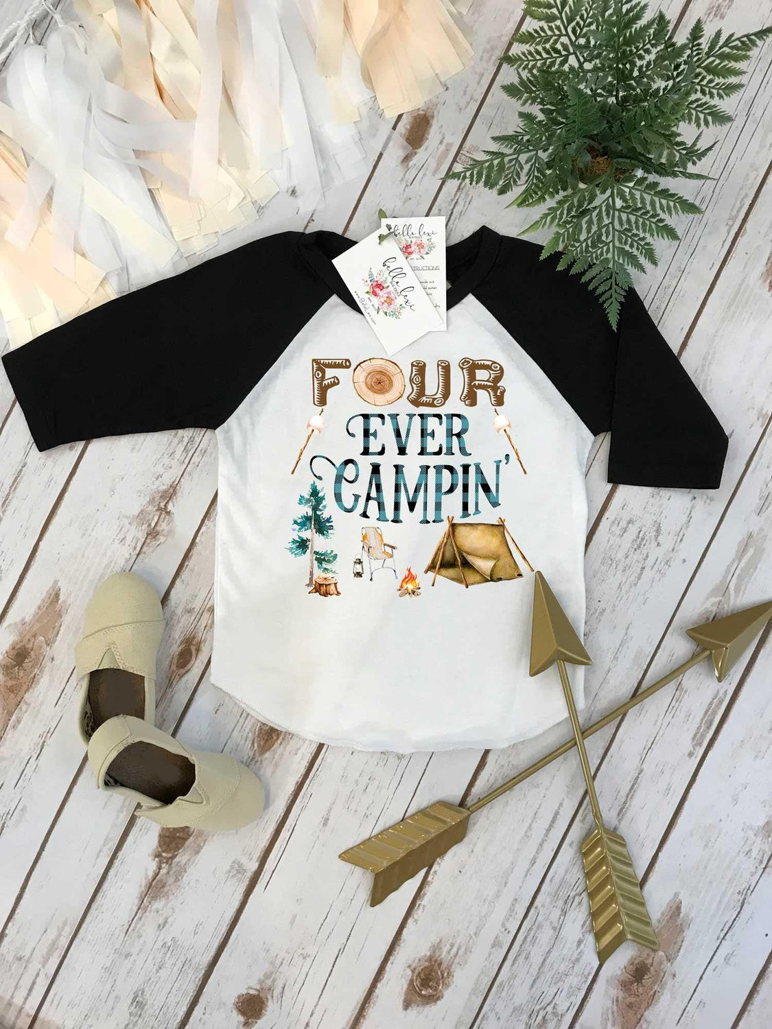 Four Ever Campin fourth birthday raglan with watercolor camping artwork for a happy camper party