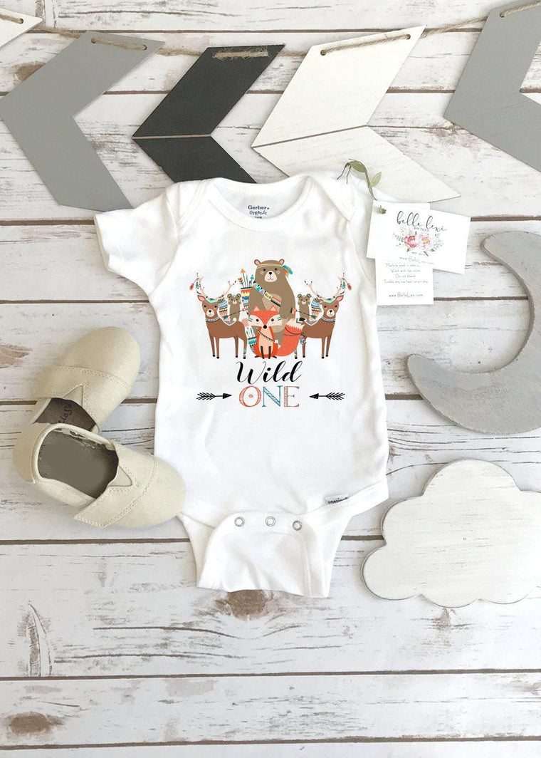 Wild One Woodland Birthday Bodysuit, Tribal Party Boy Shirt
