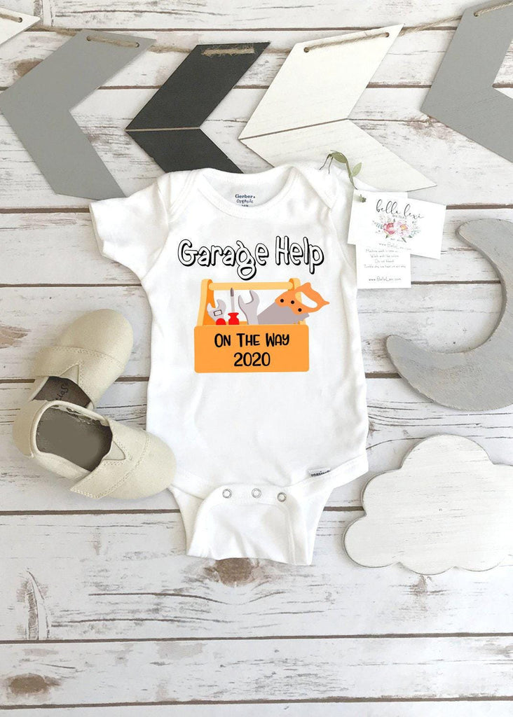 Garage Help on the Way Bodysuit, Construction Theme Baby Gift, Tools