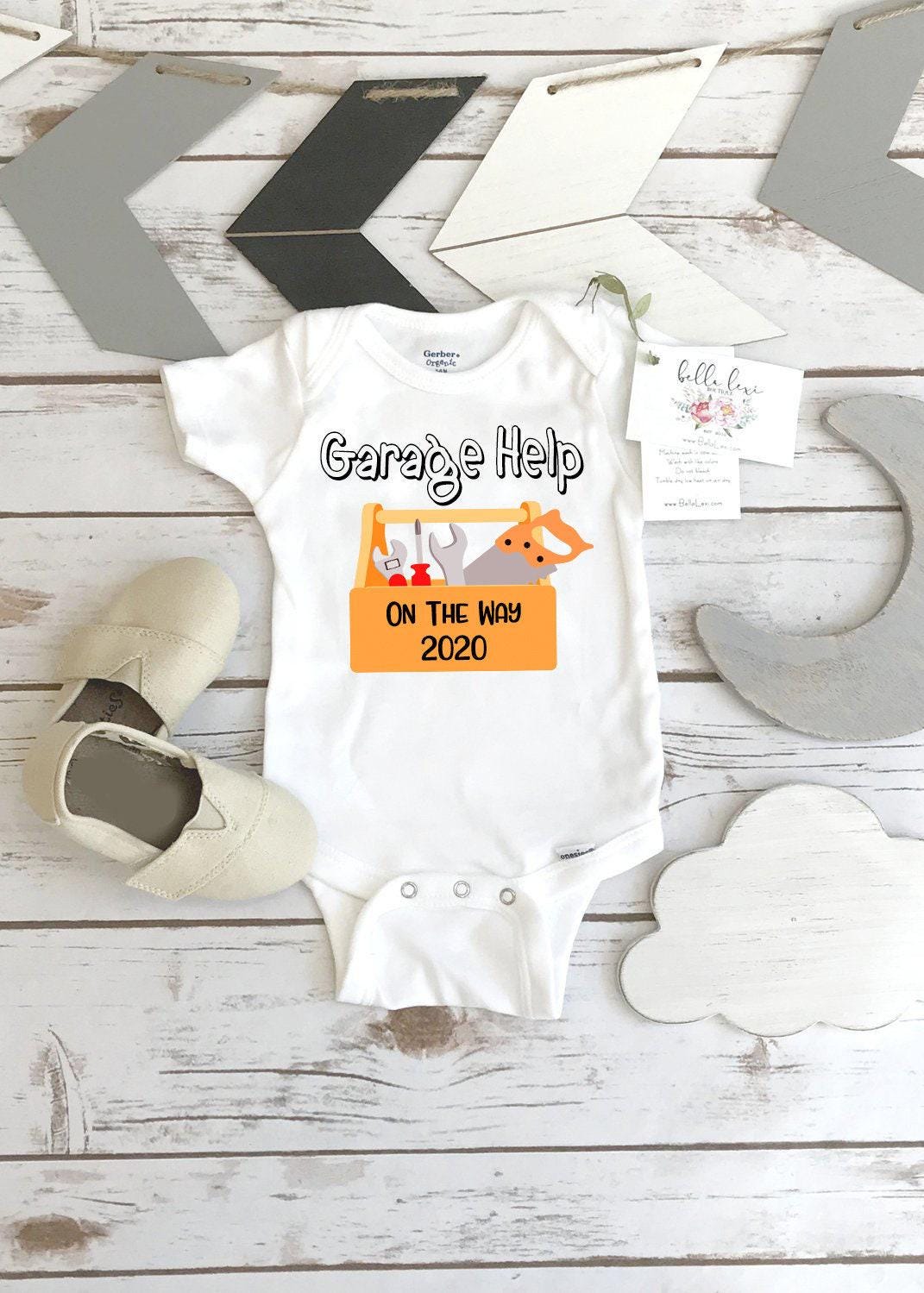 Garage Help on the Way Bodysuit, Construction Theme Baby Gift, Tools