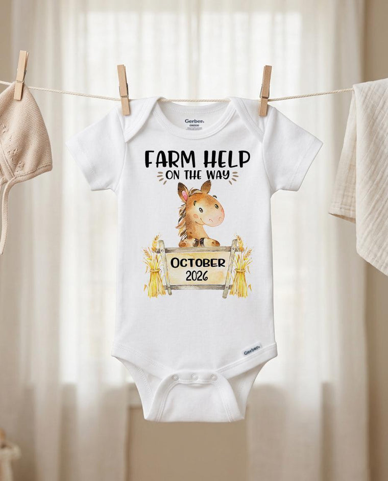Farm Help On The Way Onesie®, Horse Baby Announcement, 2026 Due Date