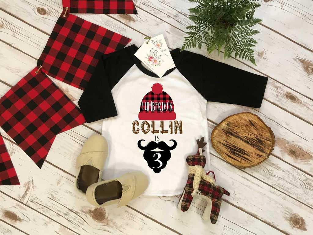 3rd Birthday Shirt, Lumberjack Birthday, Third Birthday shirt, Buffalo Plaid Party, Lumberjack Party, Woodland Party Set,PERSONALIZED RAGLAN