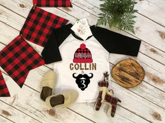 3rd Birthday Shirt, Lumberjack Birthday, Third Birthday shirt, Buffalo Plaid Party, Lumberjack Party, Woodland Party Set,PERSONALIZED RAGLAN