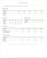 a chart with measurements and sizes for adult-sized clothing items, including crew neck tees, racerback tanks, and bollard tees. The chart provides specific measurements for different sizes, such as XS, XS/5, and XS/8, as well as the corresponding body widths and sleeve lengths. The chart also includes a note that all measurements are garment measurements in inches, and adult shirts are always except for tanks.