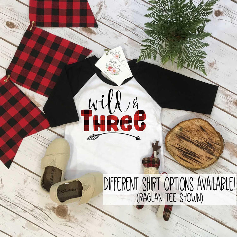 Third Birthday Shirt, Lumberjack Birthday, 3rd Birthday shirt, Buffalo Plaid Party, Lumberjack Party, WILD THREE PLAID, Wild Birthday shirt