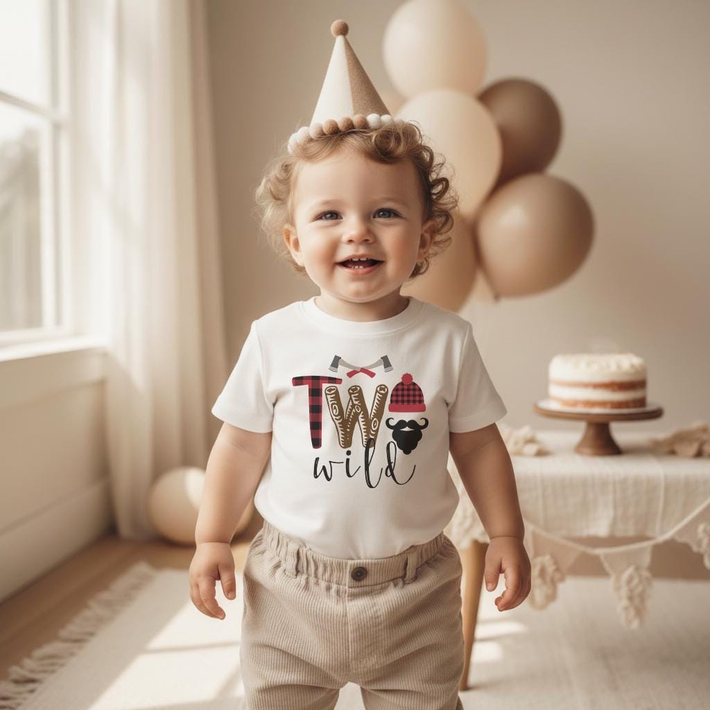 Two Wild Birthday Shirt.  This adorable Lumberjack Theme Birthday Boy design features a black beard with a lumberjack beanie and buffalo plaid accents and some lumberjack axes.  The words read "Two Wild"  This is such an adorable shirt for your little man's birthday celebration!  Makes a great birthday gift for the little lumberjack in your life!