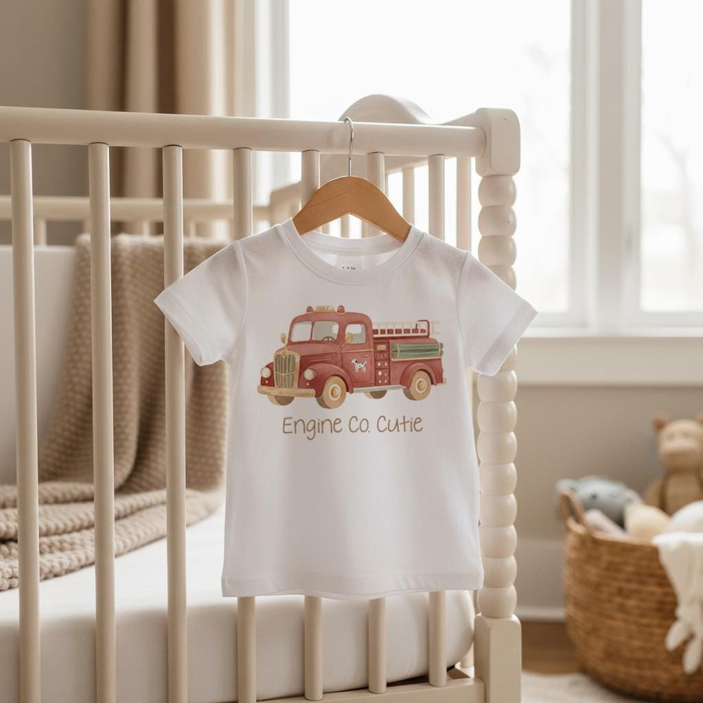 Firefighter Baby Outfit, Engine Co. Cutie Onesie®, First Responder Shower Gift, Baby Shower Gift, Fireman Baby Reveal, Fireman Baby Theme. Your little hero just rolled onto the scene! This “Engine Co. Cutie” onesie is the perfect outfit for firefighter families and first responder parents who want to celebrate their newest recruit. The cozy fit and vintage firetruck design make it a heartwarming baby shower gift or everyday outfit for your brave little cutie.