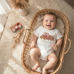 Firefighter Baby Outfit, Engine Co. Cutie Onesie®, First Responder Shower Gift, Baby Shower Gift, Fireman Baby Reveal, Fireman Baby Theme. Your little hero just rolled onto the scene! This “Engine Co. Cutie” onesie is the perfect outfit for firefighter families and first responder parents who want to celebrate their newest recruit. The cozy fit and vintage firetruck design make it a heartwarming baby shower gift or everyday outfit for your brave little cutie.