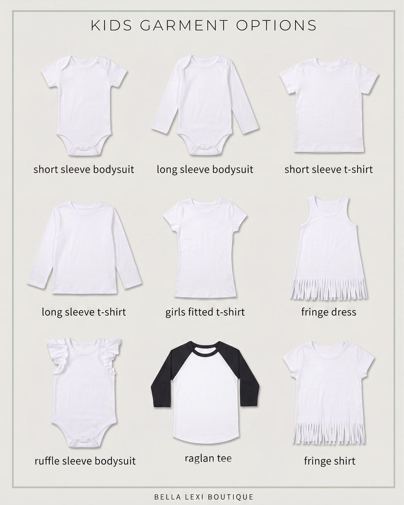 a variety of children's clothing options, including short sleeve bodysuits, long sleeve bodysuits, short sleeve t-shirts, long sleeve t-shirts, girls' fitted t-shirts, fringe dresses, and ruffle sleeve bodysuits.