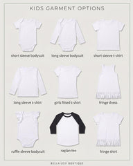 a variety of children's clothing options, including short sleeve bodysuits, long sleeve bodysuits, short sleeve t-shirts, long sleeve t-shirts, girls' fitted t-shirts, fringe dresses, and ruffle sleeve bodysuits.