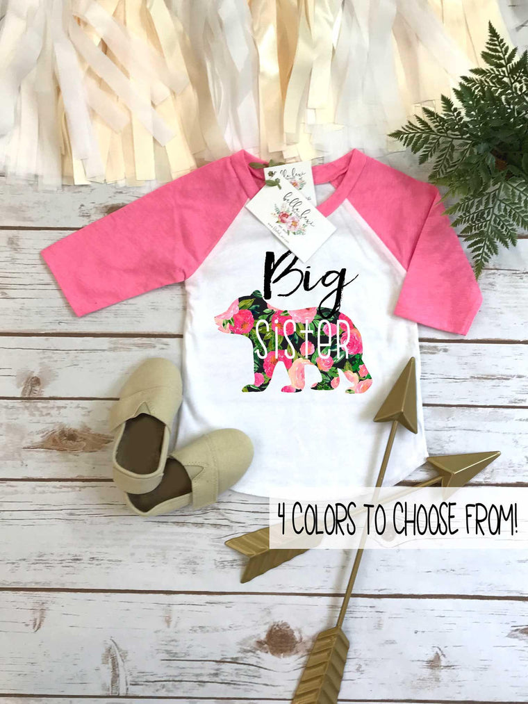 Big Sister Floral Bear Raglan Shirt, Color Options