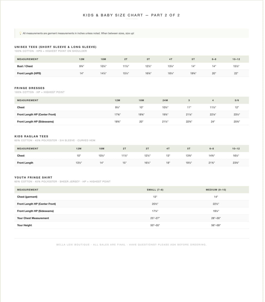 The image is a children's size chart, specifically part 2 of 2, featuring various sizes of children's clothing such as short sleeves, long sleeves, and fringe dresses.