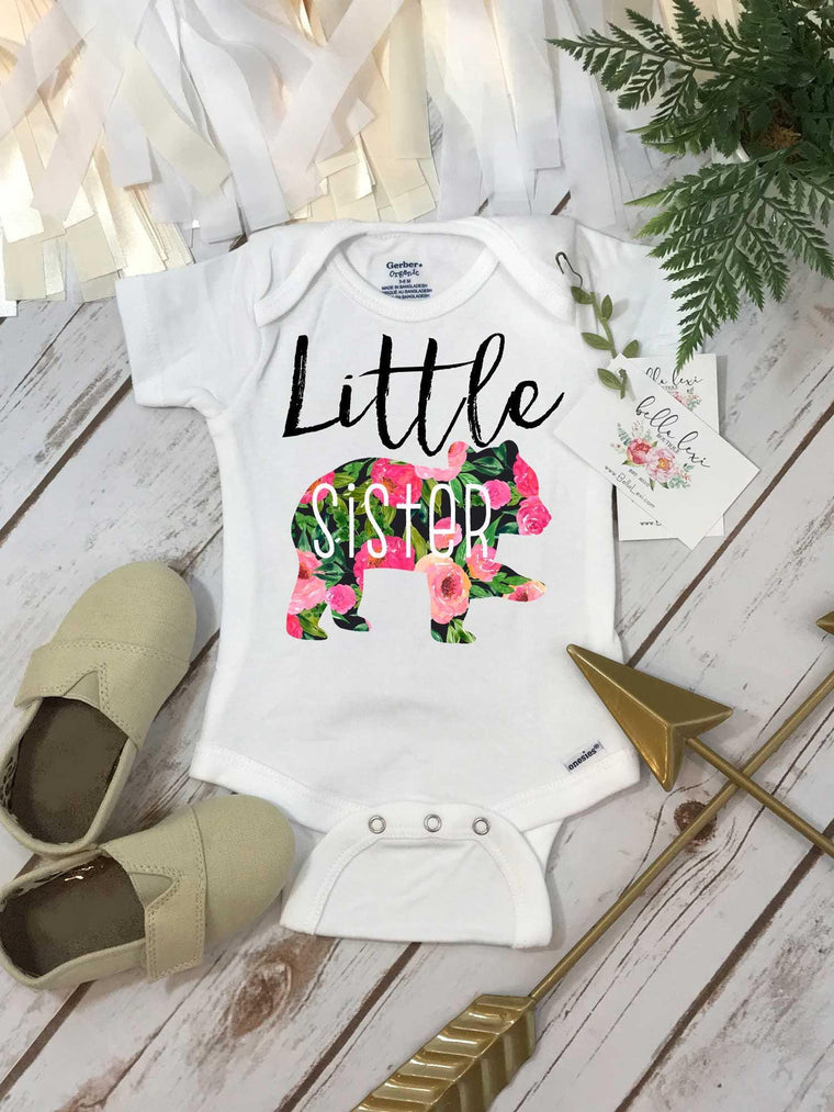 Little Sister Floral Bear Bodysuit, Newborn Sizes, Family Tees