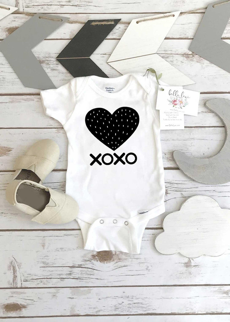 XOXO Valentine's Baby Bodysuit, Monochrome Heart Design, 1st Valentine