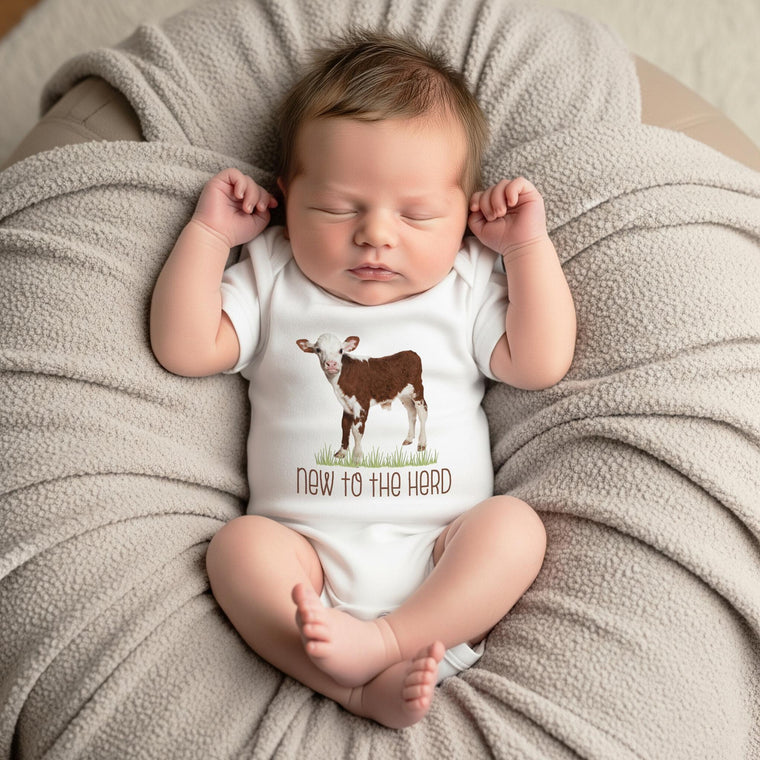 Baby Shower Gift, NEW TO the HERD, Western Nursery, Farm shirt, CowBOY, Cow Bodysuit, Farm Baby Gift, Cute Baby Clothes, Cow Theme, hereford