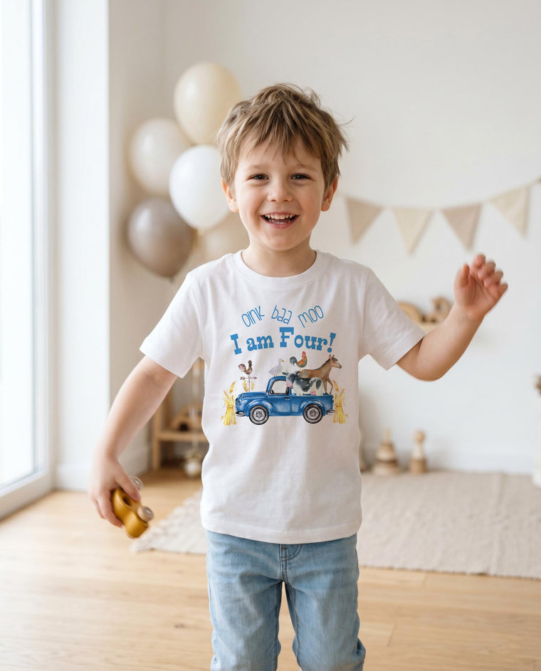 Farm 4th Birthday Shirt, Blue Truck, Oink Baa Moo Theme