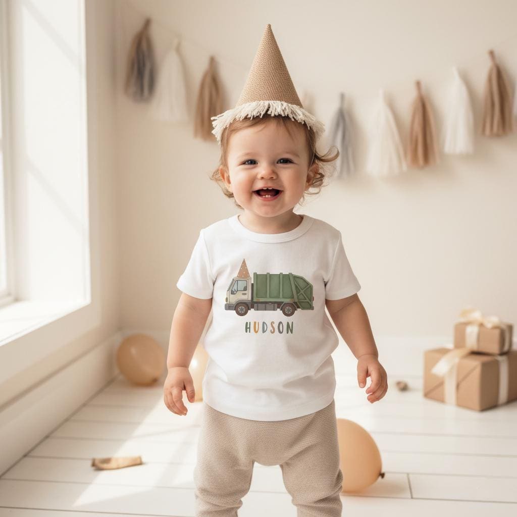 Garbage truck 1st birthday bodysuit with custom name Hudson for boy