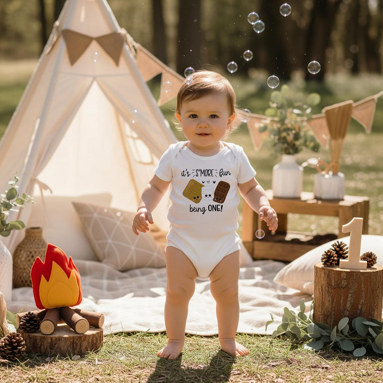 S'More Party, Birthday Bodysuit, S'More Fun being ONE, Birthday Shirt, Camping Party, Camping Birthday, Happy Camper, Smores Theme, Wild One