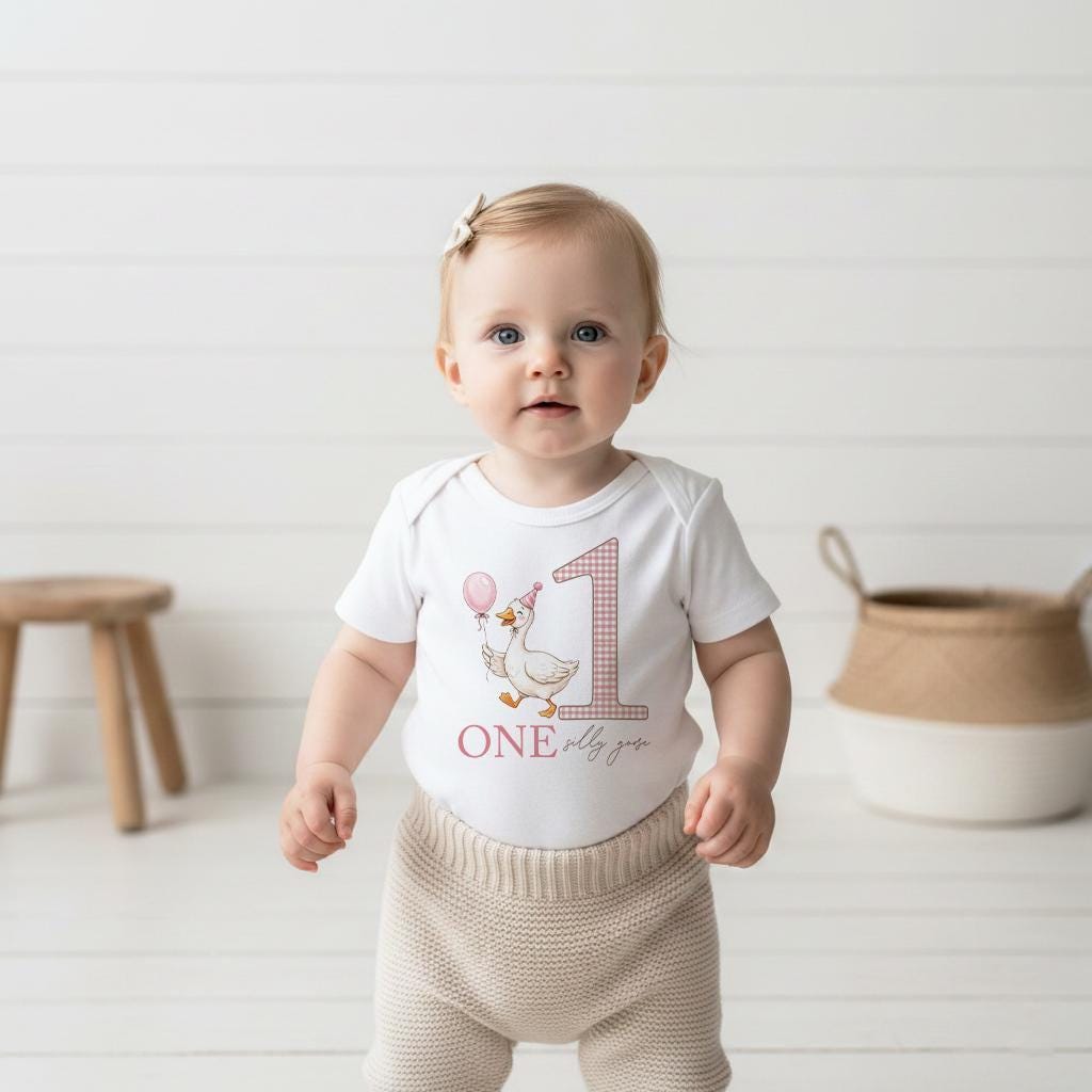 One Silly Goose pink gingham 1st birthday bodysuit for girl