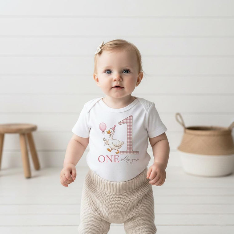 One Silly Goose Birthday, 1st Birthday Girl Pink, Goose 1st Birthday, Goose on the Loose, Girl Gingham Party, Goose  Birthday Romper