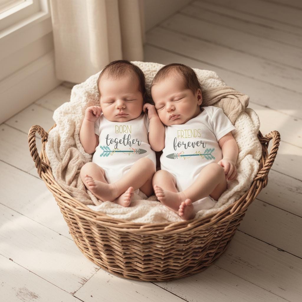 May include: Two infants wearing white short-sleeved bodysuits. The left bodysuit features the text "BORN together" with an arrow graphic, and the right bodysuit features the text "FRIENDS forever" with an arrow graphic. Both infants are in a woven basket.