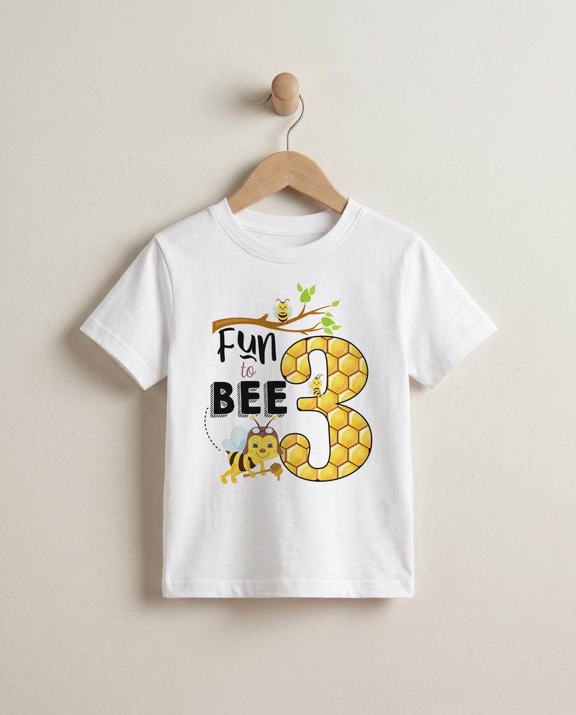 Fun to BEE 3 bee theme third birthday shirt with honeycomb number and cute bees — Bella Lexi Boutique