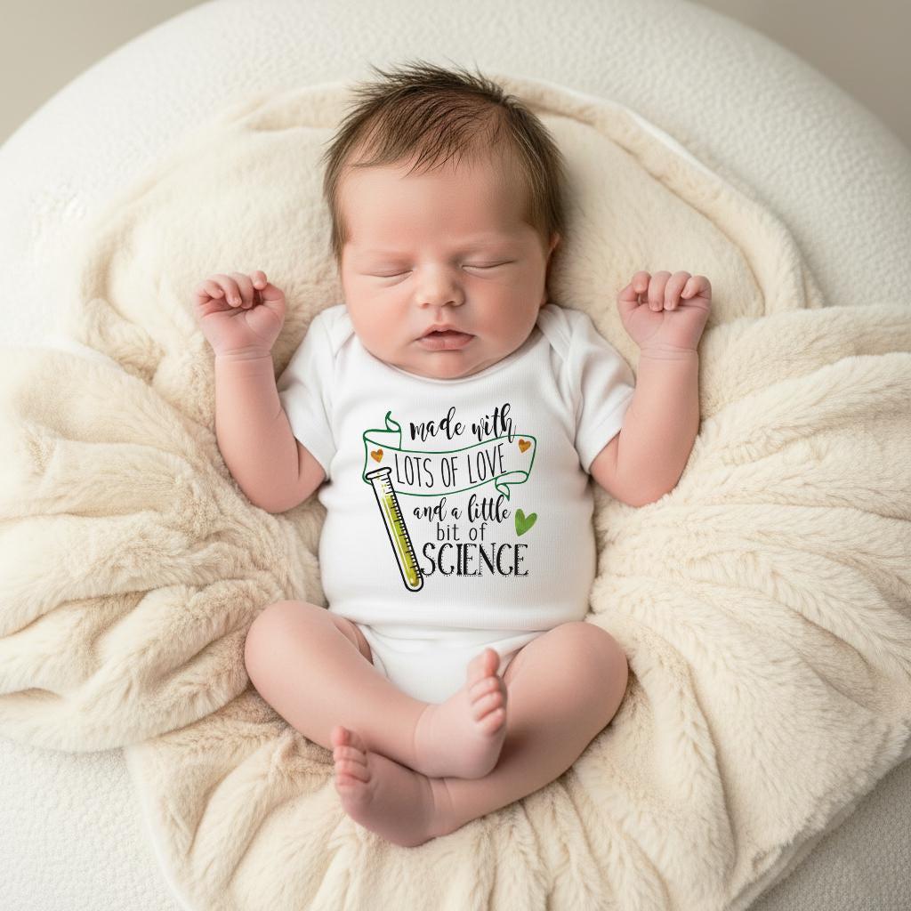 May include: A white short-sleeved baby bodysuit featuring a green banner with the text "made with LOTS OF LOVE and a little bit of SCIENCE" and a graphic of a yellow test tube. The garment is made of soft fabric and has a simple crew neckline.