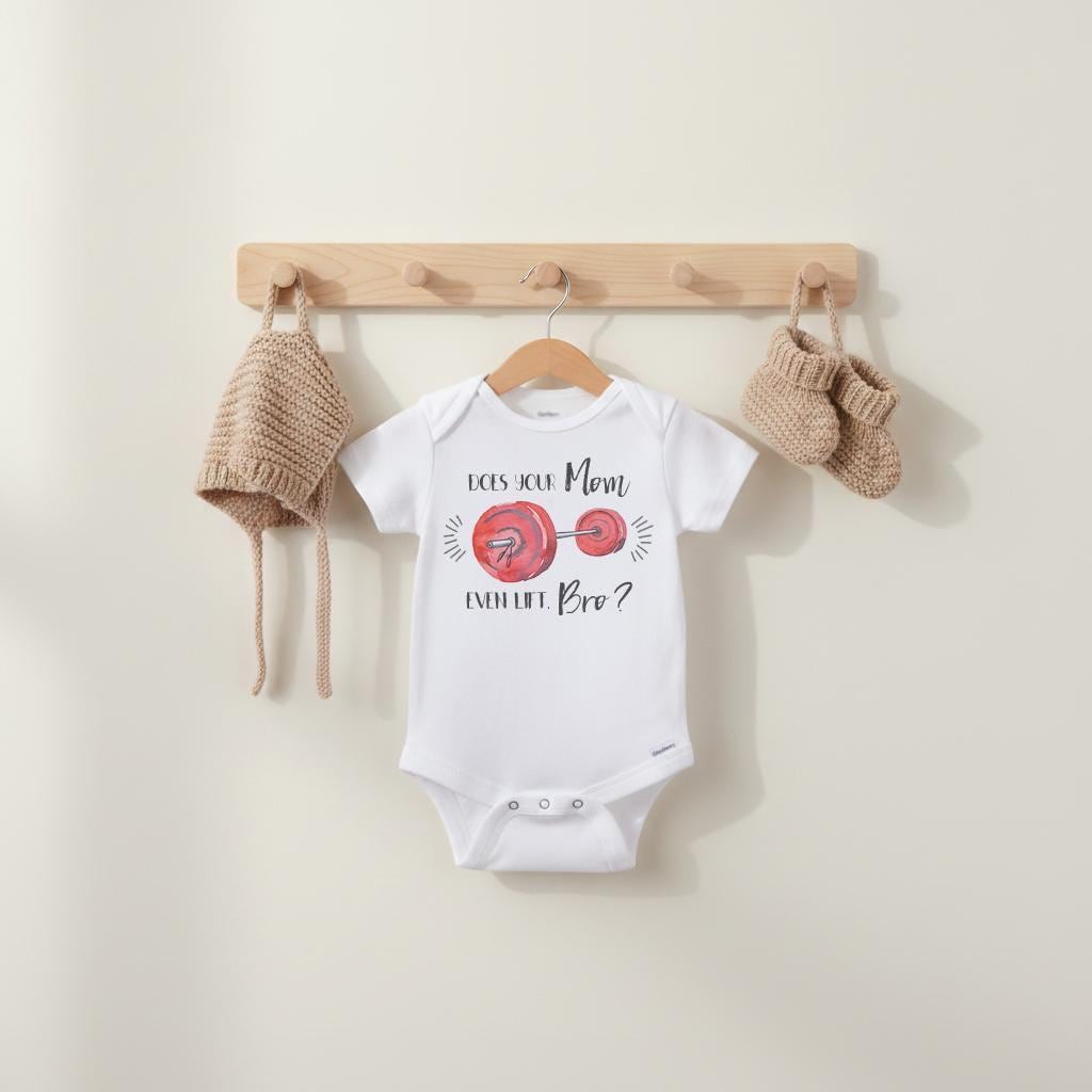 May include: A white short-sleeved baby bodysuit featuring a red barbell graphic and the black text "Does your Mom even lift, Bro?" accompanied by a matching tan knit bonnet and a pair of tan knit booties hanging on a wooden wall rack.