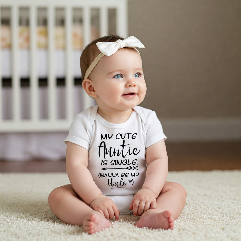 May include: A white short-sleeved baby bodysuit featuring black text that reads My Cute Auntie Is Single (Wanna Be My Uncle?) with an arrow graphic. The garment is paired with a simple white bow headband, creating a clean and coordinated look.