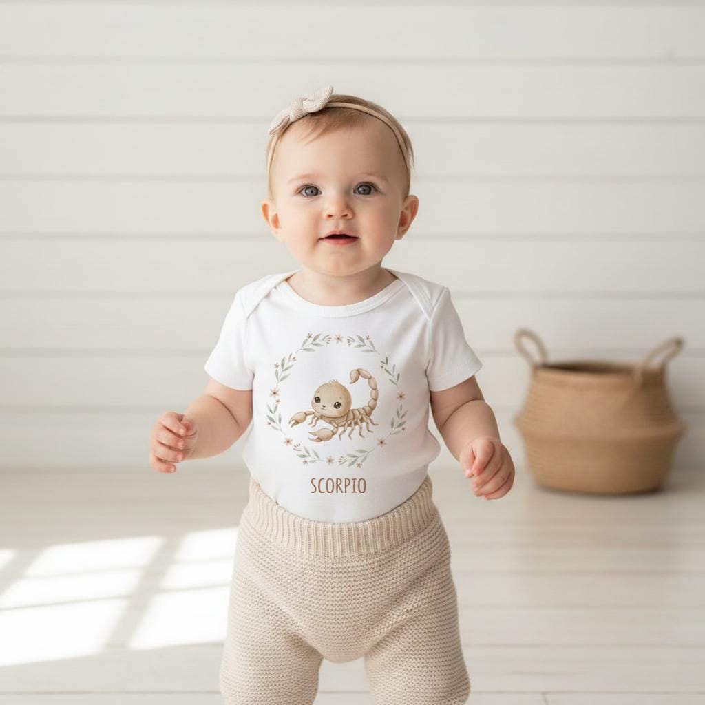 Scorpio zodiac baby onesie with a soft boho watercolor design on a bright white background. Unisex astrology baby outfit perfect for October and November birthdays, newborn photos, baby shower gifts, horoscope-themed milestone pictures, and gender-neutral baby clothing. High-quality printable Scorpio zodiac artwork for infant apparel.