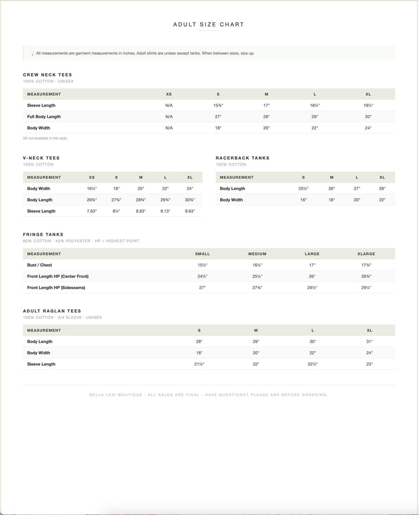 a chart with measurements and sizes for adult-sized clothing items, including crew neck tees, racerback tanks, and bollard tees. The chart provides specific measurements for different sizes, such as XS, XS/5, and XS/8, as well as the corresponding body widths and sleeve lengths. The chart also includes a note that all measurements are garment measurements in inches, and adult shirts are always except for tanks.