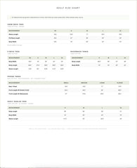 a chart with measurements and sizes for adult-sized clothing items, including crew neck tees, racerback tanks, and bollard tees. The chart provides specific measurements for different sizes, such as XS, XS/5, and XS/8, as well as the corresponding body widths and sleeve lengths. The chart also includes a note that all measurements are garment measurements in inches, and adult shirts are always except for tanks.