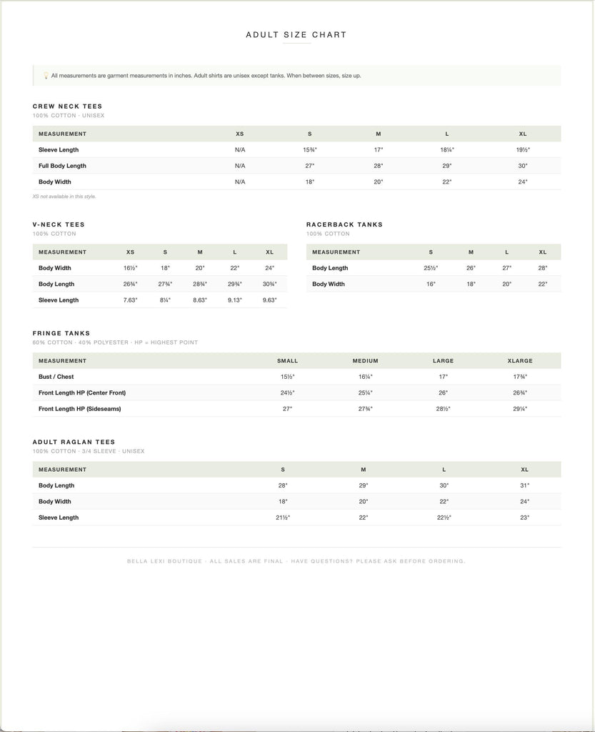 a chart with measurements and sizes for adult-sized clothing items, including crew neck tees, racerback tanks, and bollard tees. The chart provides specific measurements for different sizes, such as XS, XS/5, and XS/8, as well as the corresponding body widths and sleeve lengths. The chart also includes a note that all measurements are garment measurements in inches, and adult shirts are always except for tanks.