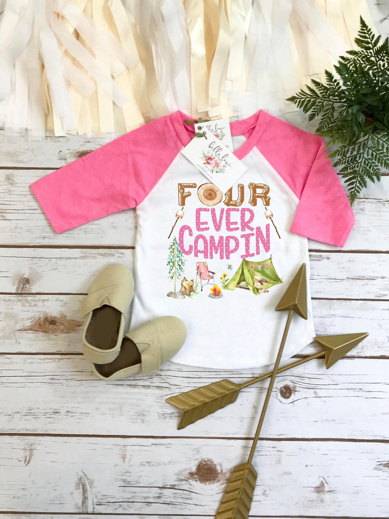 Four Ever Campin fourth birthday outfit for girls with watercolor camping artwork