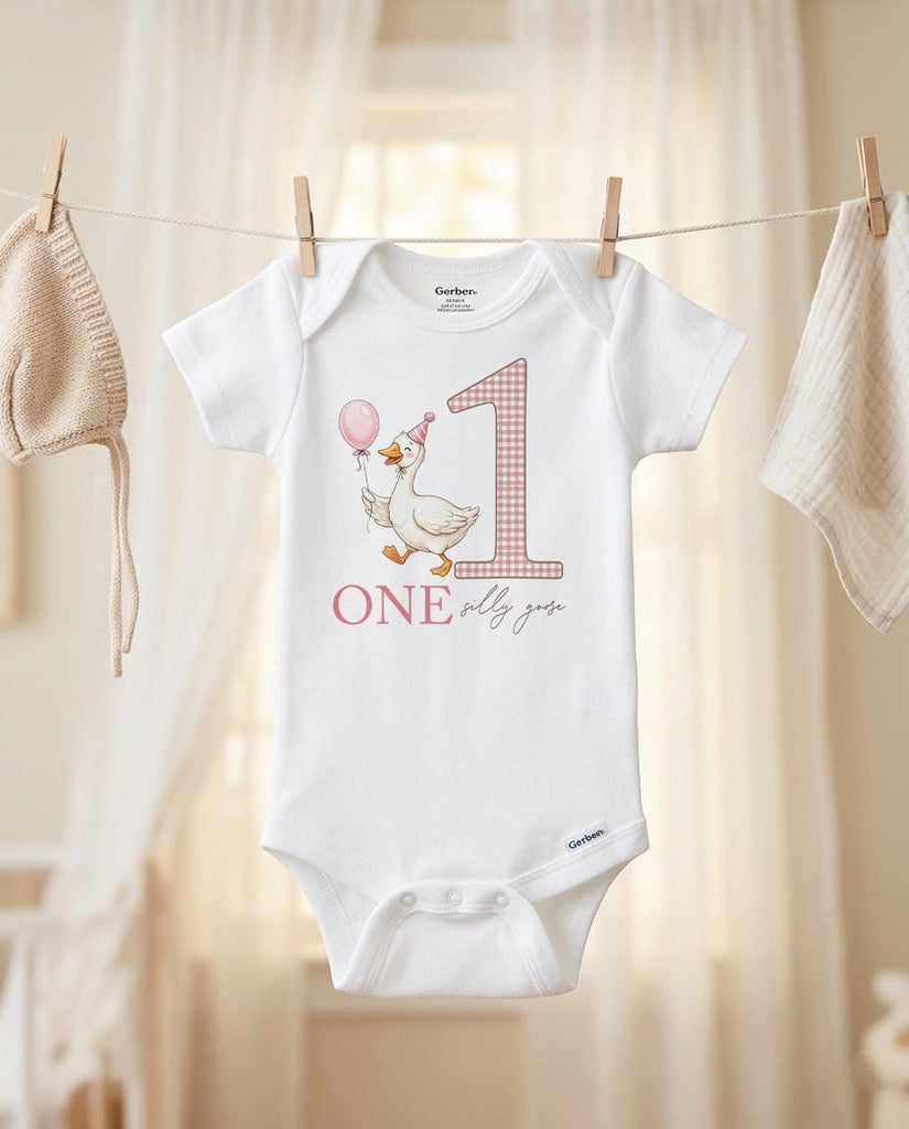 One Silly Goose Birthday, 1st Birthday Girl Pink, Goose 1st Birthday, Goose on the Loose, Girl Gingham Party, Goose Birthday Romper