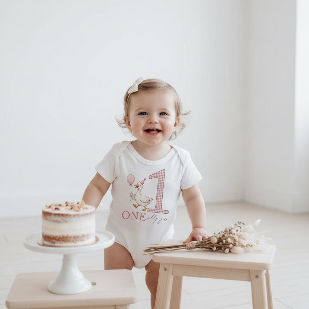 One Silly Goose Birthday, 1st Birthday Girl Pink, Goose 1st Birthday, Goose on the Loose, Girl Gingham Party, Goose Birthday Romper