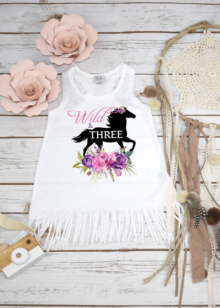 Pink & Purple Wild and Three Horse Birthday Shirt, 3rd Birthday Boho Outfit