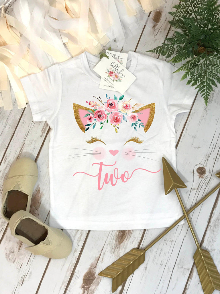 Kitten second birthday shirt with floral crown kitty face and two in pink for a girl's cat party