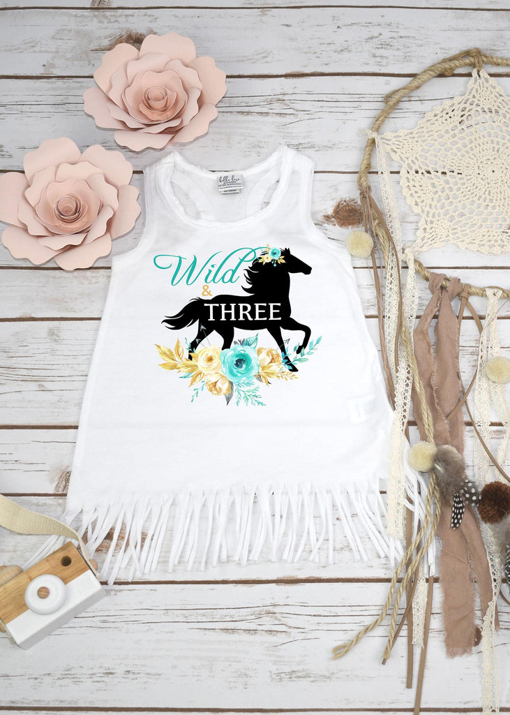 Mint Wild and Three Horse Birthday Shirt, 3rd Birthday Boho Outfit