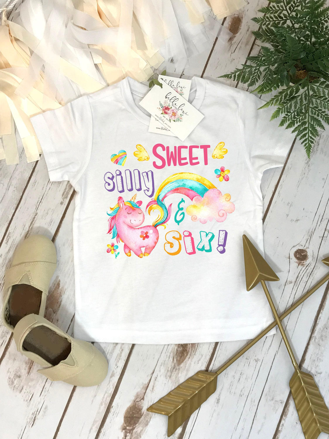 Unicorn sixth birthday shirt with rainbow, florals and Sweet Silly and Six lettering for girls