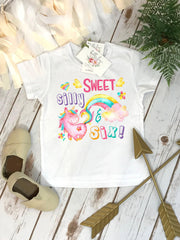 Unicorn sixth birthday shirt with rainbow, florals and Sweet Silly and Six lettering for girls