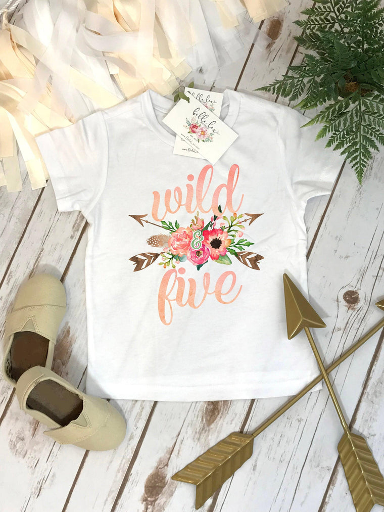 Wild and Five Fifth Birthday Shirt, Boho Floral Girl Outfit
