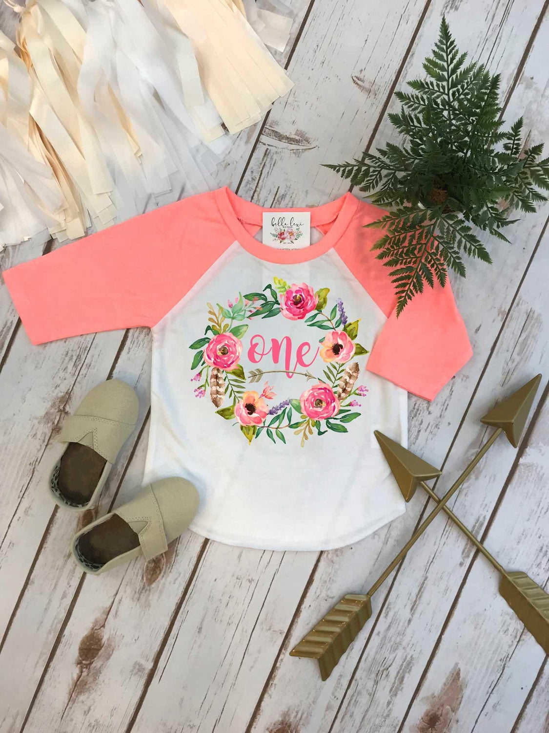 First Birthday Shirt, Floral Wreath One, Baby Birthday shirt, Floral Birthday, Personalized Birthday, Birthday girl, Boho Birthday, PEACH,